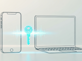 Illustration of a smartphone and laptop with a digital key icon between them representing secure passkey authentication.